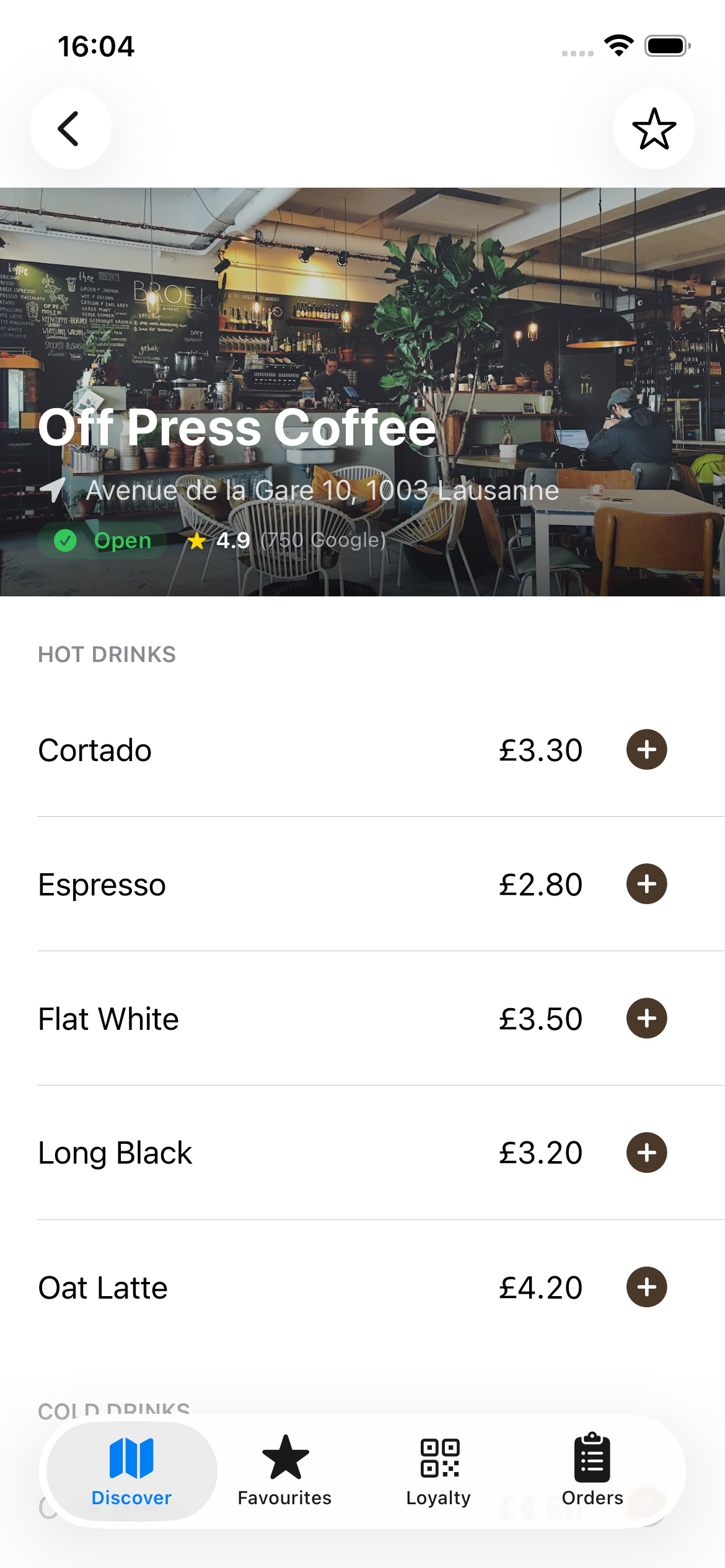 QuickCoffee café detail screen