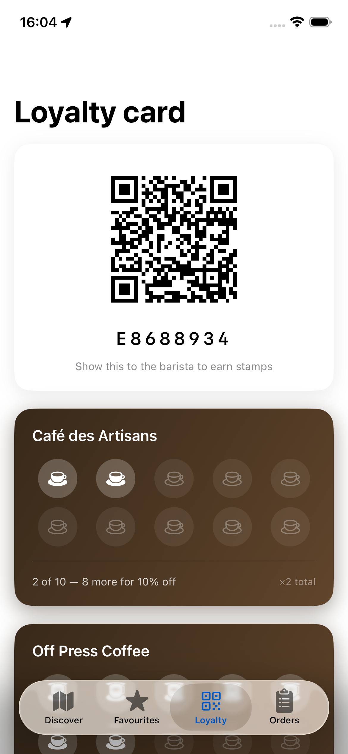 QuickCoffee loyalty stamp card