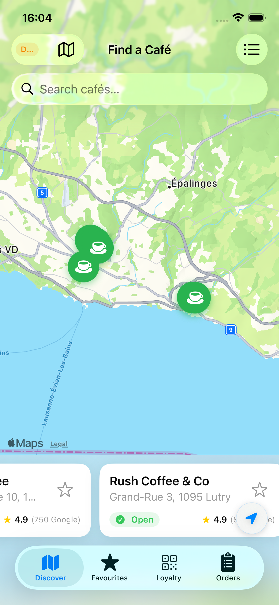 QuickCoffee map of nearby cafés