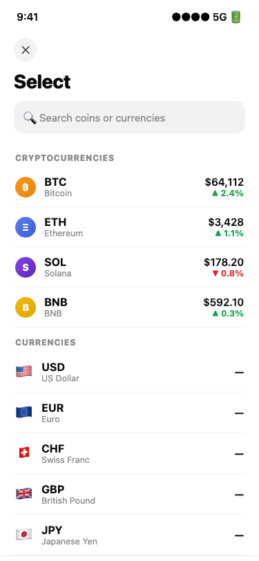 QuickCoinFX coin and currency picker showing Bitcoin, Ethereum, Solana and world currencies