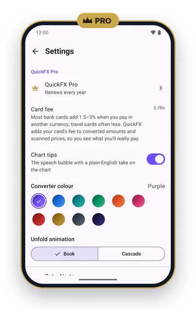 QuickFX settings on an Android phone with Card fee set to 2.75%, above the Chart tips and converter colour options