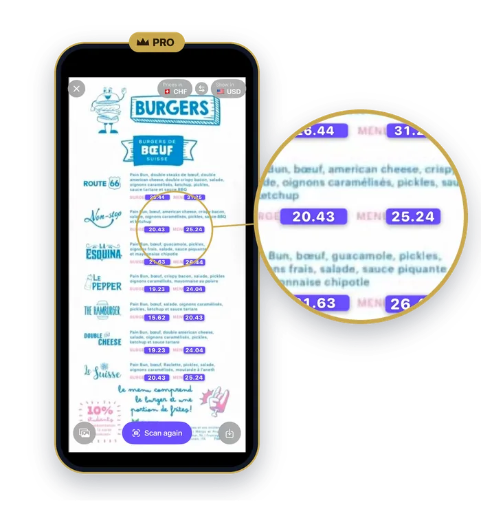 The QuickFX price scanner on a restaurant menu, with a close-up of prices converted to US dollars right where they are printed