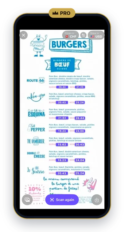 A burger menu seen through the QuickFX camera, with each price shown converted next to where it's printed